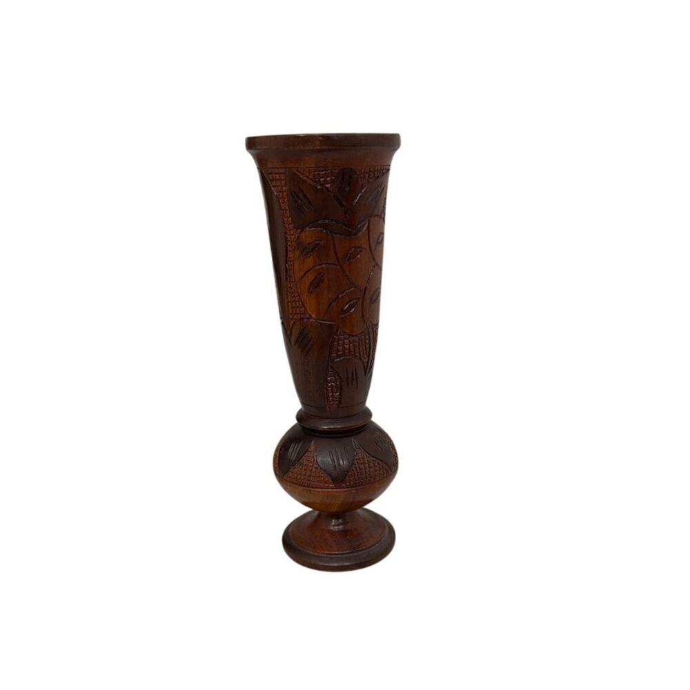 Vintage Hand Carved Wooden Vase Haitian Boho Bohemian Style Floral Design